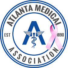 A pink ribbon is in the center of a blue and white logo.