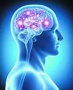 A blue image of a person with purple and white lights in their brain.