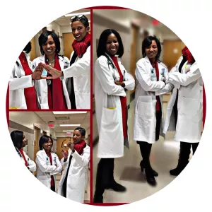 A collage of photos with women in lab coats.