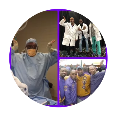 A collage of doctors and nurses in purple shirts.