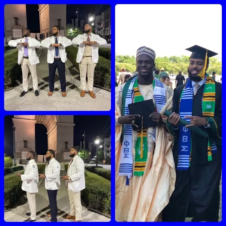A collage of photos with two men in graduation garb.