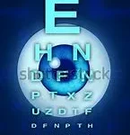 A blue eye chart with the letters e and h