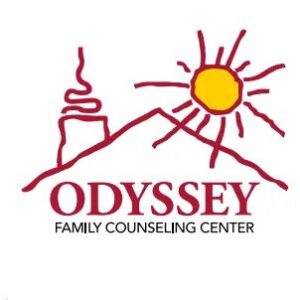 A red and white logo of the odyssey family counseling center.